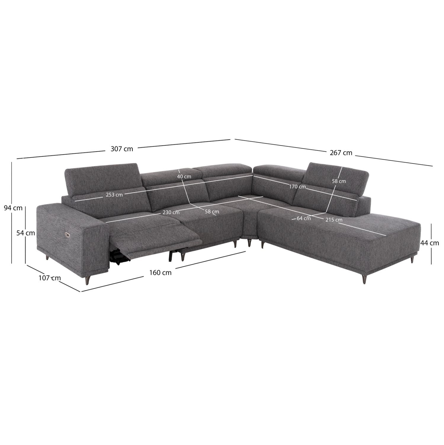 ΚΑΝΑΠΕΣ ΔΕΞΙΑ ΓΩΝΙΑ 5Θ ΜΕ RECLINE LUNARIS HM3316.01R ΓΚΡΙ ΥΦΑΣΜΑ 307x267x94Yεκ