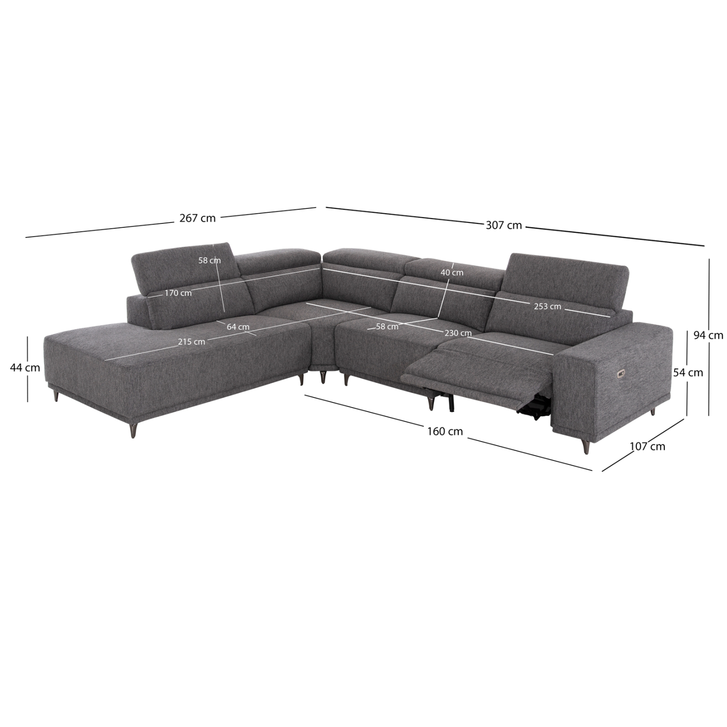 ΚΑΝΑΠΕΣ ΑΡΙΣΤΕΡΗ ΓΩΝΙΑ 5Θ ΜΕ RECLINE LUNARIS HM3316.01L ΓΚΡΙ ΥΦΑΣΜΑ 307x267x94Yεκ