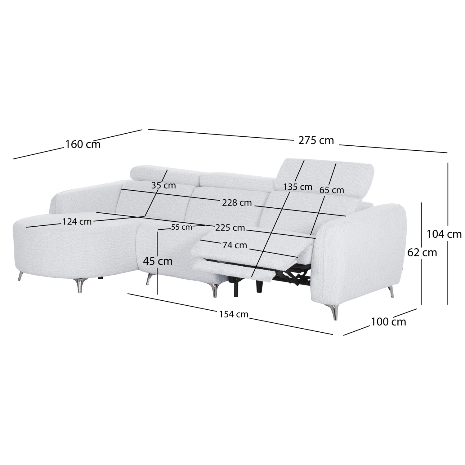 ΚΑΝΑΠΕΣ ΑΡΙΣΤΕΡΗ ΓΩΝΙΑ 3Θ ΜΕ RECLINE VALENTE HM3317.01L ΑΝΟΙΧΤΟ ΓΚΡΙ ΥΦΑΣΜΑ 275x160x104Yεκ