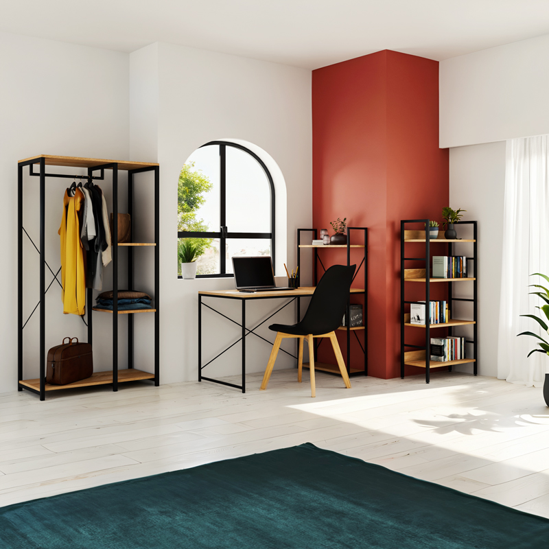 Βιβλιοθήκη- Ραφιέρα Ramon pakoworld φυσικό-μαύρο 60x28x125,5εκ
