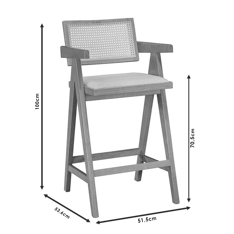 Σκαμπό bar Winslow pakoworld ξύλο rubberwood μαύρο-pvc rattan φυσικό-ύφασμα γκρι