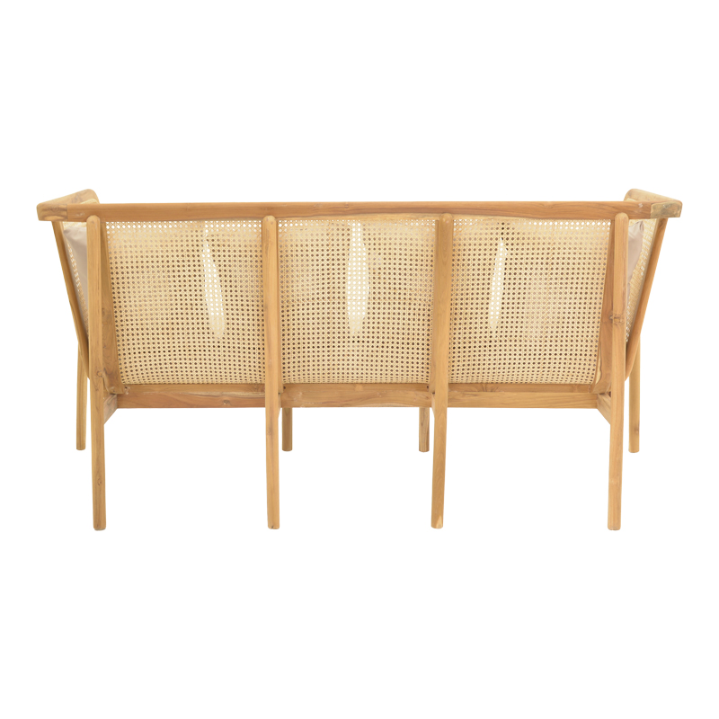 Καναπές τριθέσιος Jenta pakoworld teak ξύλο με rattan σε φυσική απόχρωση και μπεζ μαξιλάρι 203x67x92εκ
